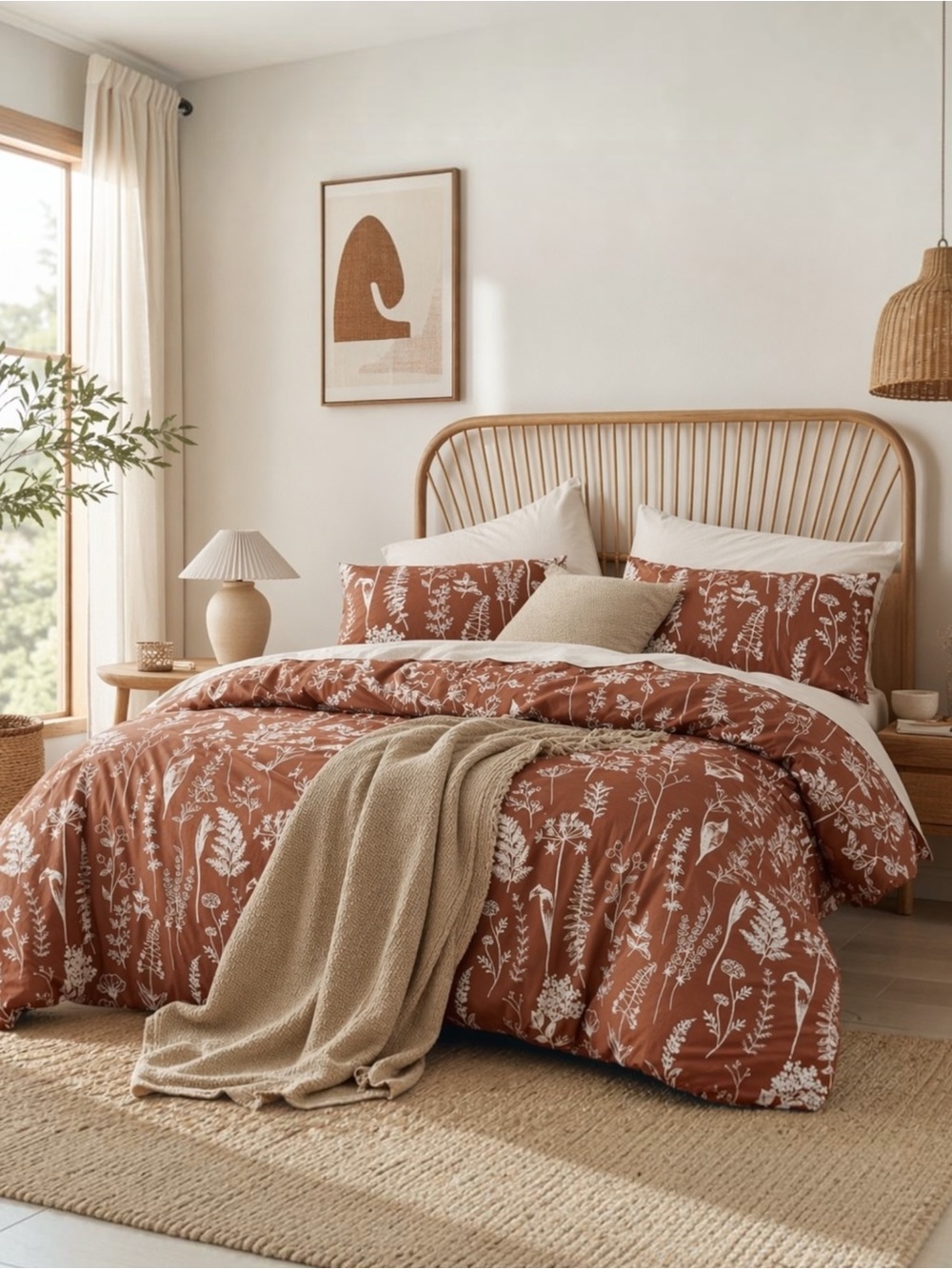 NEW West Elm Red Queen / King Size Comforter Botanical Print Bedding Sham Set
